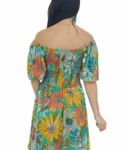 ANGIE Jungle Green Floral Print Smocked Short Dress Dresses