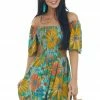 ANGIE Jungle Green Floral Print Smocked Short Dress Dresses