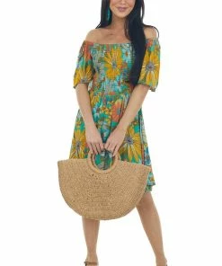 ANGIE Jungle Green Floral Print Smocked Short Dress Dresses