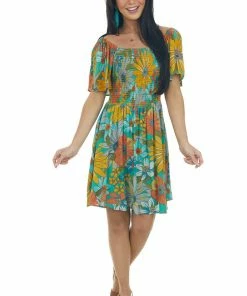 ANGIE Jungle Green Floral Print Smocked Short Dress Dresses