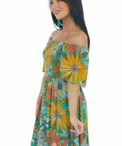 ANGIE Jungle Green Floral Print Smocked Short Dress Dresses