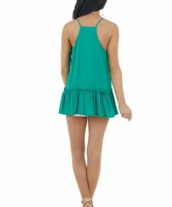 Peach Love Jungle Green Textured V Neck Tank Top With Ruffled Hemline Tops
