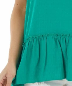 Peach Love Jungle Green Textured V Neck Tank Top With Ruffled Hemline Tops