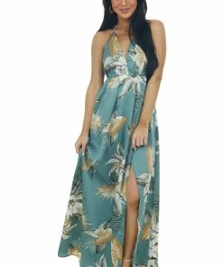 Sweet Lemon Juniper Floral Open Back Plunging V Neck Dress