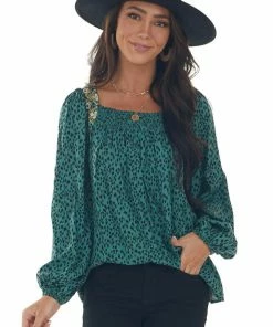 Hailey & Co Juniper Green Animal Print Embroidered Blouse