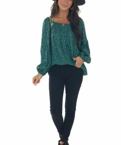 Hailey & Co Juniper Green Animal Print Embroidered Blouse