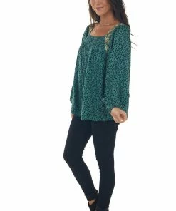 Hailey & Co Juniper Green Animal Print Embroidered Blouse