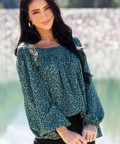 Hailey & Co Juniper Green Animal Print Embroidered Blouse