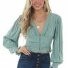 HYFVE Juniper Green Puff Sleeve Plunging Neck Blouse Tops