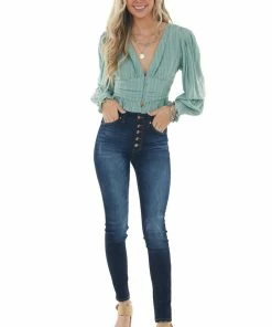 HYFVE Juniper Green Puff Sleeve Plunging Neck Blouse Tops