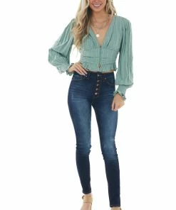 HYFVE Juniper Green Puff Sleeve Plunging Neck Blouse Tops