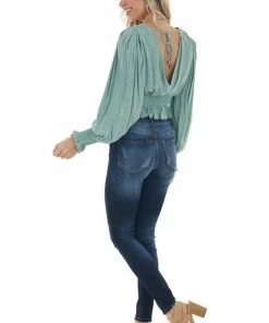 HYFVE Juniper Green Puff Sleeve Plunging Neck Blouse Tops
