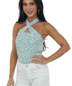 Vine & Love Juniper Leopard Print Halter Neck Tank Top Tops