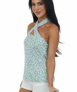 Vine & Love Juniper Leopard Print Halter Neck Tank Top Tops