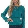 She + Sky Juniper Smocked Waist Bubble Sleeve Peplum Top Tops