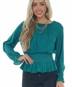 She + Sky Juniper Smocked Waist Bubble Sleeve Peplum Top Tops