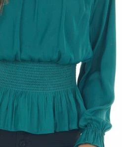 She + Sky Juniper Smocked Waist Bubble Sleeve Peplum Top Tops