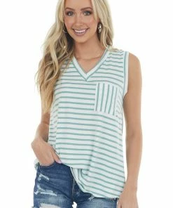 Now N Forever Tops Juniper Striped Sleeveless Chest Pocket Top
