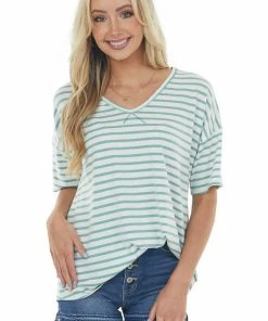 HESED Juniper Striped V Neck Half Sleeve Knit Top Tops