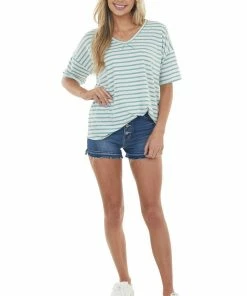 HESED Juniper Striped V Neck Half Sleeve Knit Top Tops