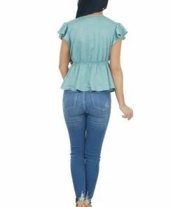 Entro Juniper V Neck Short Flutter Sleeve Blouse