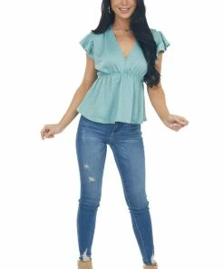 Entro Juniper V Neck Short Flutter Sleeve Blouse