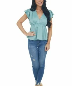 Entro Juniper V Neck Short Flutter Sleeve Blouse