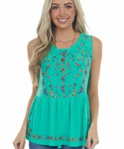 Umgee Tops Kelly Green Floral Embroidered Drop Waist Top