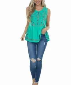 Umgee Tops Kelly Green Floral Embroidered Drop Waist Top