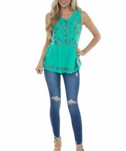 Umgee Tops Kelly Green Floral Embroidered Drop Waist Top