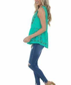 Umgee Tops Kelly Green Floral Embroidered Drop Waist Top