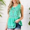 Umgee Tops Kelly Green Floral Embroidered Drop Waist Top