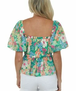 Flying Tomato Kelly Green Floral Peplum Top With Bubble Sleeves