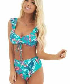 Beach Joy Bikini Kelly Green Floral Print Bikini With Cinched Front Accessories