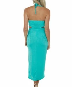 FSL APPAREL Kelly Green Knot Twist Halter Neck Midi Dress