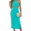 FSL APPAREL Kelly Green Knot Twist Halter Neck Midi Dress
