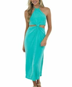FSL APPAREL Kelly Green Knot Twist Halter Neck Midi Dress