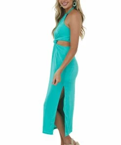 FSL APPAREL Kelly Green Knot Twist Halter Neck Midi Dress