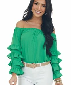 Vine & Love Tops Kelly Green Off Shoulder Ruffle Sleeve Blouse
