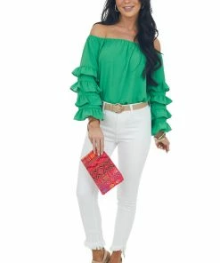 Vine & Love Tops Kelly Green Off Shoulder Ruffle Sleeve Blouse