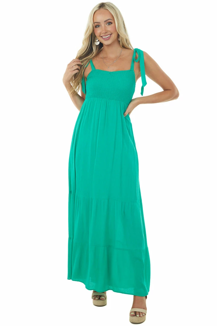 Sweet Lemon Dresses Kelly Green Tie Strap Smocked Ruched Maxi Dress 5 Sweet Lemon Dresses Kelly Green Tie Strap Smocked Ruched Maxi Dress