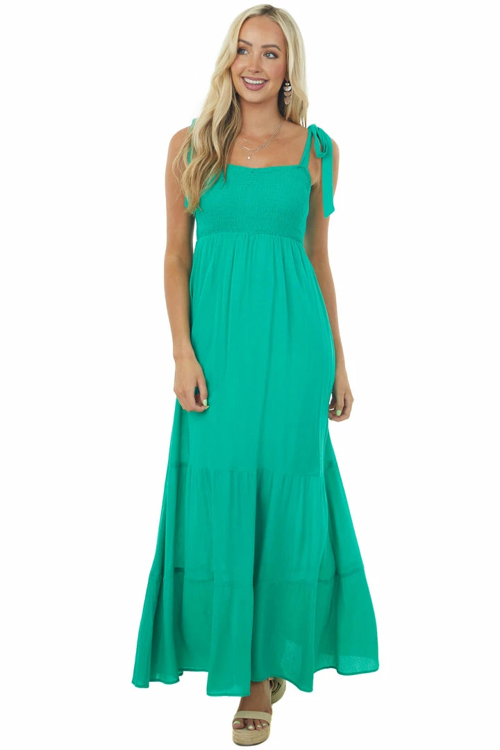 Sweet Lemon Dresses Kelly Green Tie Strap Smocked Ruched Maxi Dress 6 Sweet Lemon Dresses Kelly Green Tie Strap Smocked Ruched Maxi Dress