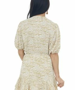 HYFVE Khaki Zebra Ruffle Hem Front Tie Dress