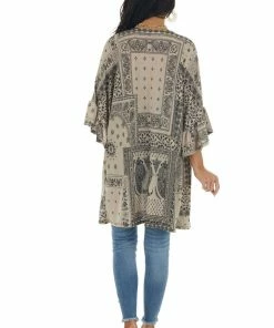 Lovely Melody Latte Abstract Print Open Front Knit Cardigan