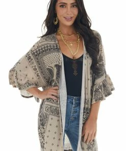Lovely Melody Latte Abstract Print Open Front Knit Cardigan