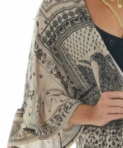 Lovely Melody Latte Abstract Print Open Front Knit Cardigan