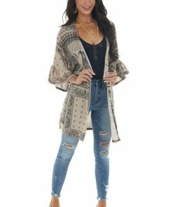 Lovely Melody Latte Abstract Print Open Front Knit Cardigan