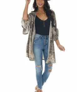 Lovely Melody Latte Abstract Print Open Front Knit Cardigan