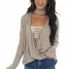 CY Fashion Tops Latte And White Surplice Knit Top With Choker Neckline