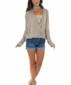 CY Fashion Tops Latte And White Surplice Knit Top With Choker Neckline